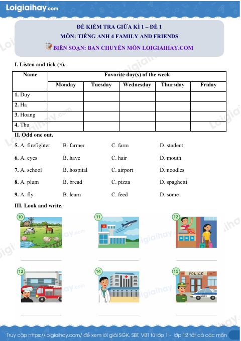 Đề thi giữa kì 1 Tiếng Anh 4 Family and Friends - Đề số 1